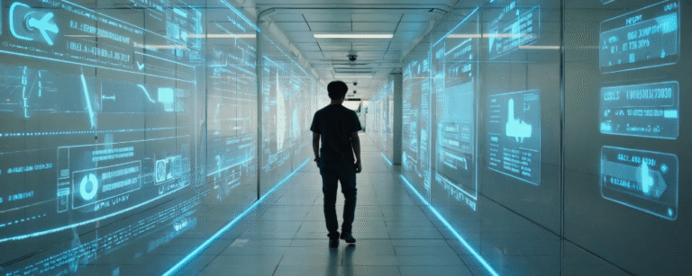 Man walks along the corridor with Dataflow on the walls